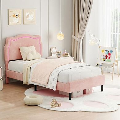 Kids Bed Frame with LED Neon Lights, Bear Upholstered Headboard, Platform Bed for Bedroom Furniture