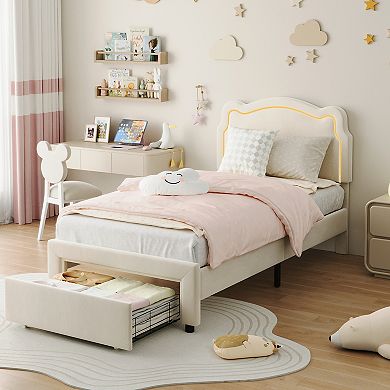 Kids Bed Frame with LED Neon Lights, Bear Upholstered Headboard, Platform Bed for Bedroom Furniture