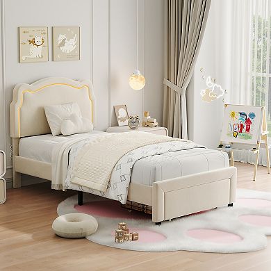 Kids Bed Frame with LED Neon Lights, Bear Upholstered Headboard, Platform Bed for Bedroom Furniture