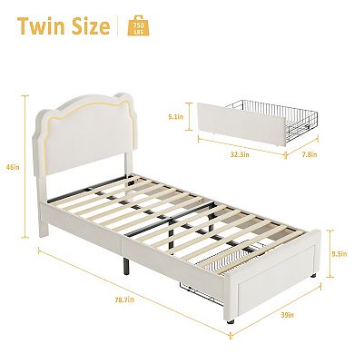 Kids Bed Frame with LED Neon Lights, Bear Upholstered Headboard, Platform Bed for Bedroom Furniture