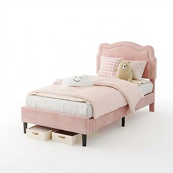 Kids Bed Frame with LED Neon Lights, Bear Upholstered Headboard, Platform Bed for Bedroom Furniture