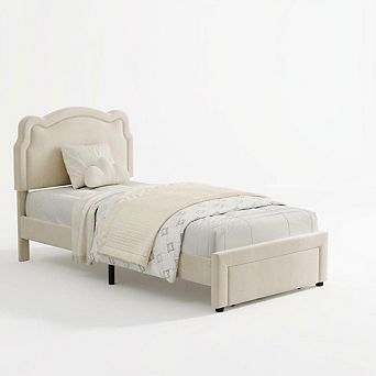 Kids Bed Frame with LED Neon Lights, Bear Upholstered Headboard, Platform Bed for Bedroom Furniture