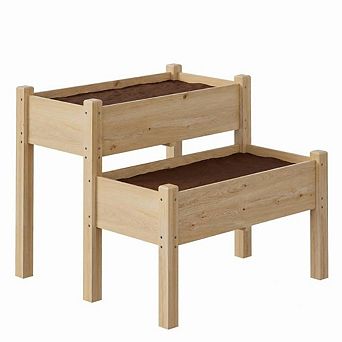 2 tier Wooden Raised Garden Bed with Legs, Large Elevated Outdoor Planter Box with Drainage Holes