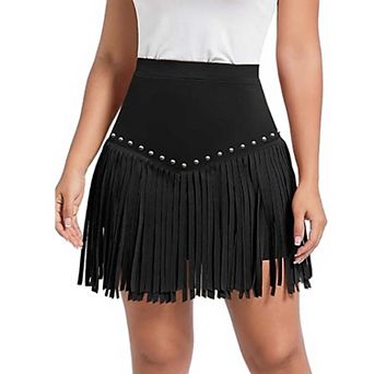 Women's High Waist Fringe Skirt, Elastic Waist Tassel Mini Skirt