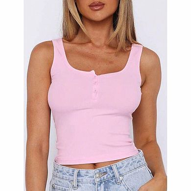 Women's Ribbed Cropped Henley Tank Top
