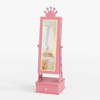 Kids Jewelry Armoire Cabinet, Standing Jewelry Organizer with Full-Length Mirror