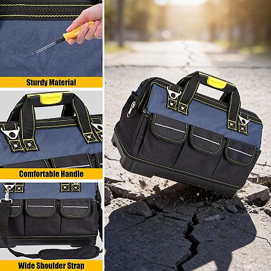 19 Inch Tool Bag with Waterproof Plastic Molded Base, Oxford Fabric Wide Mouth Tool Tote Organizer
