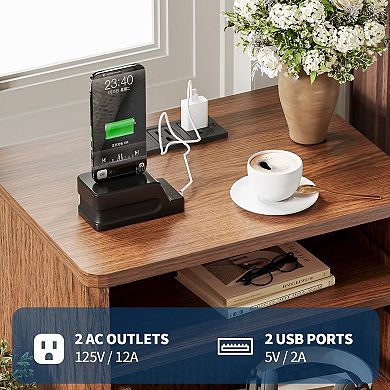 Fluted Nightstand with Charging Station End Table Bedside Table with Drawer and Shelf