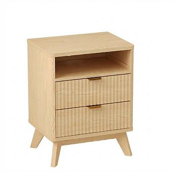 Fluted Nightstand with Charging Station End Table Bedside Table with Drawer and Shelf