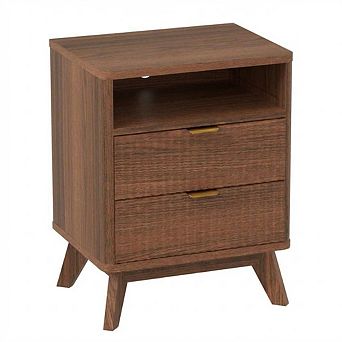 Fluted Nightstand with Charging Station End Table Bedside Table with Drawer and Shelf