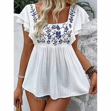 Women's Embroidery Square Neck Flowy Top
