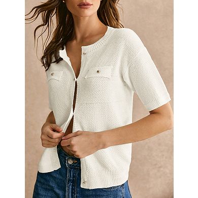 Women's Short Sleeve Button Knit Cardigan Sweater Top