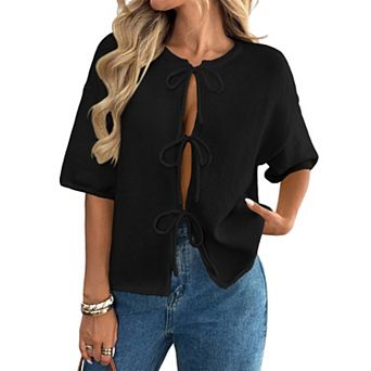 Women's Crewneck Tie Front Short Sleeve Cardigan Sweater