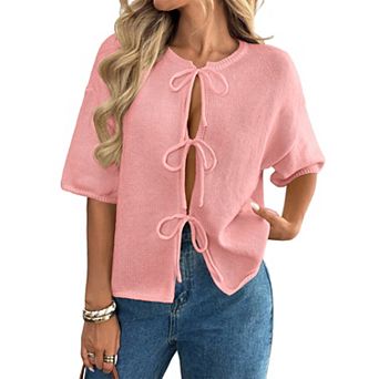 Women's Crewneck Tie Front Short Sleeve Cardigan Sweater