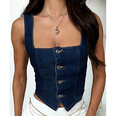 Women's Button Front Denim Vest Sleeveless Casual Tank Top