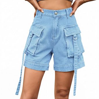 Women's High Waist Cargo Denim Shorts with Straps