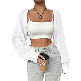 Women's Cropped Open Front Cardigan Long Sleeve Lightweight Sweater Shrug