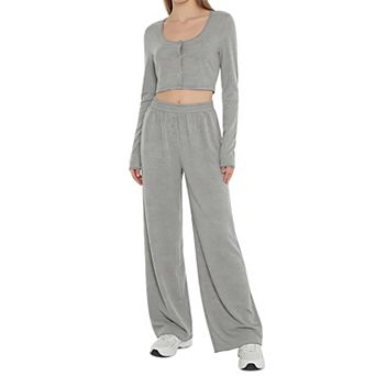 Women's 2 pc Outfit Long Sleeve Crop Cardigan High Waisted Wide Leg Pants Loungewear Set