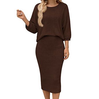 Women's 2 pc Outfit Ribbed Knit Long Sleeve Top and Bodycon Midi Skirt Set Casual Lounge Wear