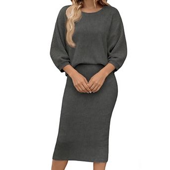 Women's 2 pc Outfit Ribbed Knit Long Sleeve Top and Bodycon Midi Skirt Set Casual Lounge Wear