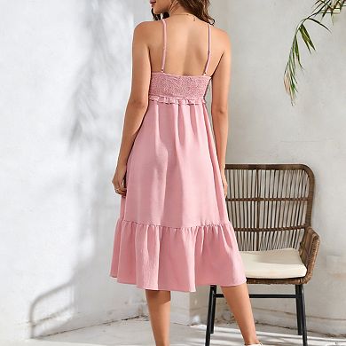 Women's Maternity Sundress Ruffle Trim Spaghetti Strap Smocked Tiered Midi Dress with Button
