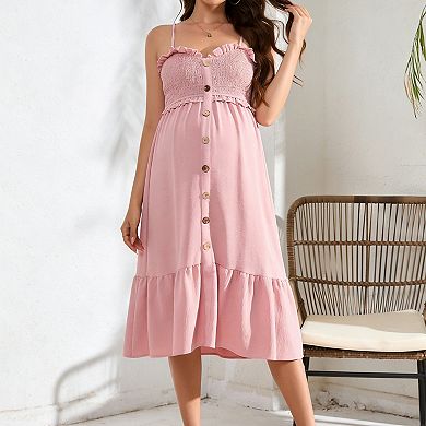 Women's Maternity Sundress Ruffle Trim Spaghetti Strap Smocked Tiered Midi Dress with Button