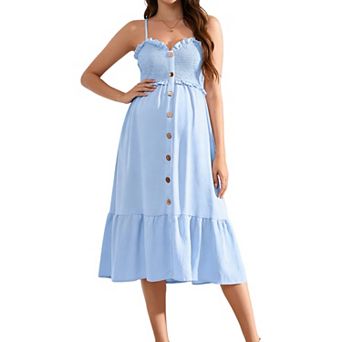 Women's Maternity Sundress Ruffle Trim Spaghetti Strap Smocked Tiered Midi Dress with Button