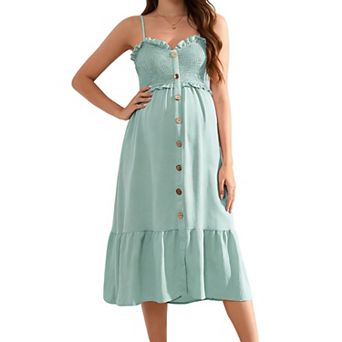 Women's Maternity Sundress Ruffle Trim Spaghetti Strap Smocked Tiered Midi Dress with Button