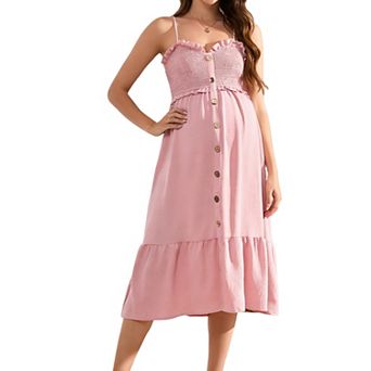 Women's Maternity Sundress Ruffle Trim Spaghetti Strap Smocked Tiered Midi Dress with Button