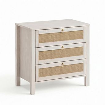 Wooden Rattan Nightstand Storage Cabinet with Drawers