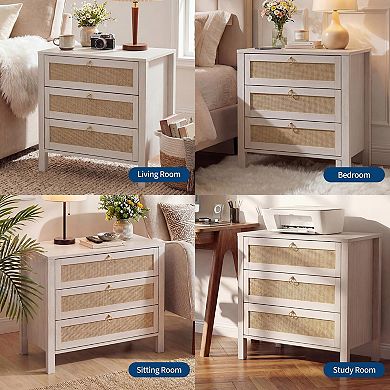 Wooden Rattan Nightstand Storage Cabinet with Drawers