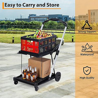 2-Tier Collapsible Garden Shopping Cart, Collapsible Utility Trolley with Removable Storage Crate