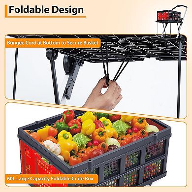 2-Tier Collapsible Garden Shopping Cart, Collapsible Utility Trolley with Removable Storage Crate
