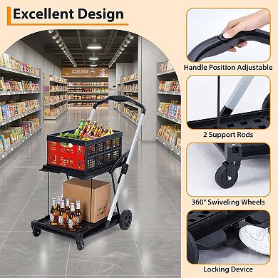 2-Tier Collapsible Garden Shopping Cart, Collapsible Utility Trolley with Removable Storage Crate