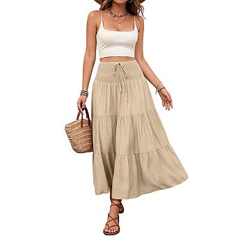 Womens Elastic Waist A Line Maxi Skirt Ruffled Tiered Self Tie Waist Skirts