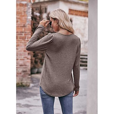 Women's Square Neck Long Sleeve T-Shirt, Pleated Front Loose Fit Casual Top