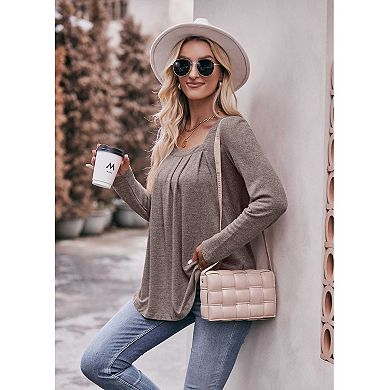 Women's Square Neck Long Sleeve T-Shirt, Pleated Front Loose Fit Casual Top