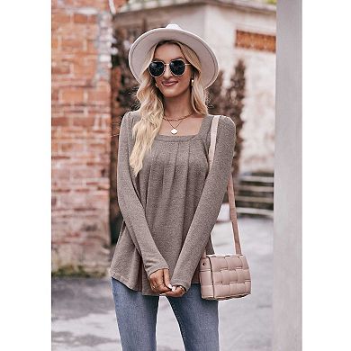 Women's Square Neck Long Sleeve T-Shirt, Pleated Front Loose Fit Casual Top