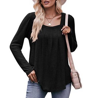 Women's Square Neck Long Sleeve T-Shirt, Pleated Front Loose Fit Casual Top