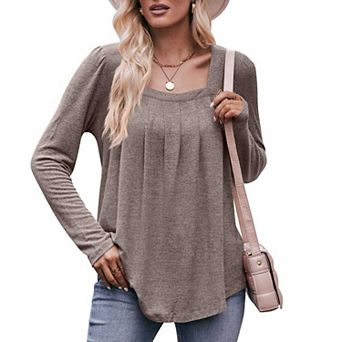 Women's Square Neck Long Sleeve T-Shirt, Pleated Front Loose Fit Casual Top
