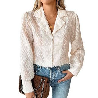 Women's Lapel Collar Long Sleeve Button Down Shirt, Textured Fuzzy Jacquard Blouse