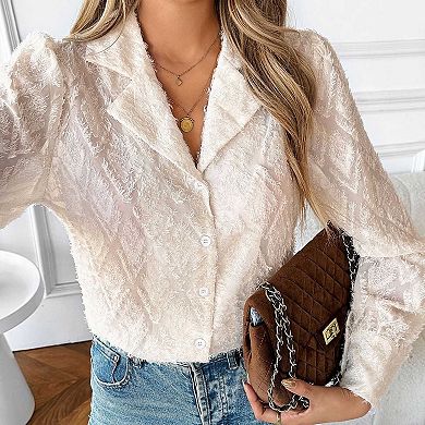 Women's Lapel Collar Long Sleeve Button Down Shirt, Textured Fuzzy Jacquard Blouse