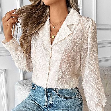 Women's Lapel Collar Long Sleeve Button Down Shirt, Textured Fuzzy Jacquard Blouse