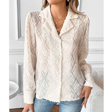 Women's Lapel Collar Long Sleeve Button Down Shirt, Textured Fuzzy Jacquard Blouse