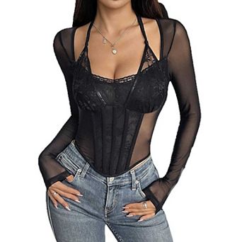 Women's Halter Lace Mesh Corset Top, Long Sleeve Sheer Waist Cincher Blouse