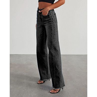 Women's Wide Leg Denim Jeans Raw Hem Casual Patchwork Pants
