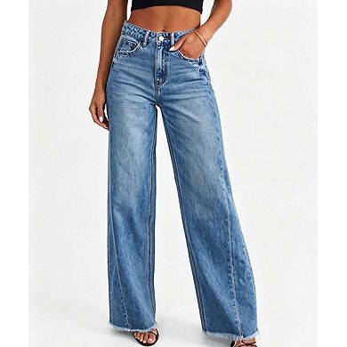 Women's Wide Leg Denim Jeans Raw Hem Casual Patchwork Pants