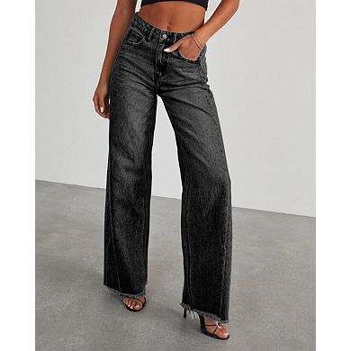 Women's Wide Leg Denim Jeans Raw Hem Casual Patchwork Pants