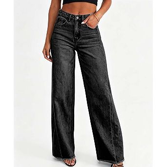 Women's Wide Leg Denim Jeans Raw Hem Casual Patchwork Pants