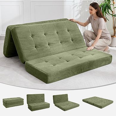 6" Tri-Fold Mattress Full Size, Tufted Folding Corduroy with Chenille Fabric, Floor Guest Mat